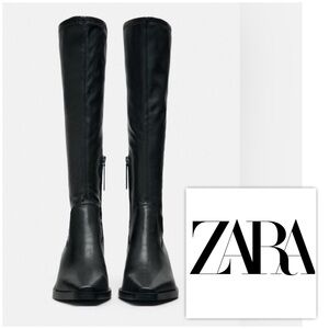 NWT Zara Black Heeled Flat Stretch Square Toe Boots Timeless Style size 9
